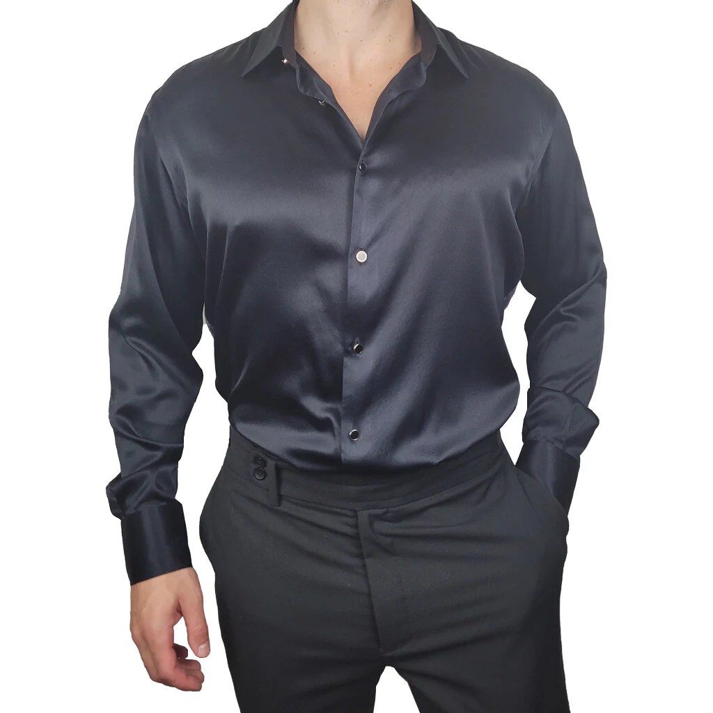 Black silk mens dress shirt